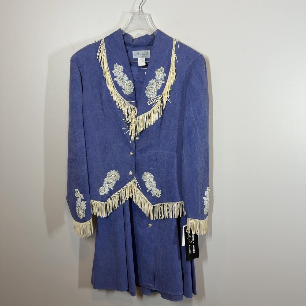 Western Attitude by Lilia Smith Denim Fringe Skirt Suit Set 13/14